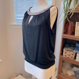 Silky Black Beaded Evening Sleeveless Top Halo M